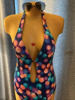 Bar III Navy Halter One-Piece with Multicolor Bubble Print